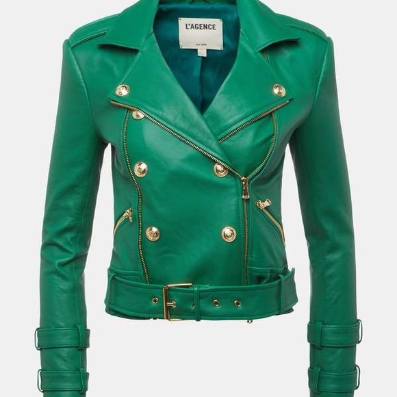 L'AGENCE Jackets & Blazers - L'AGENCE Green Leather Double-Breasted Billie Moto Jacket - XS - NWT